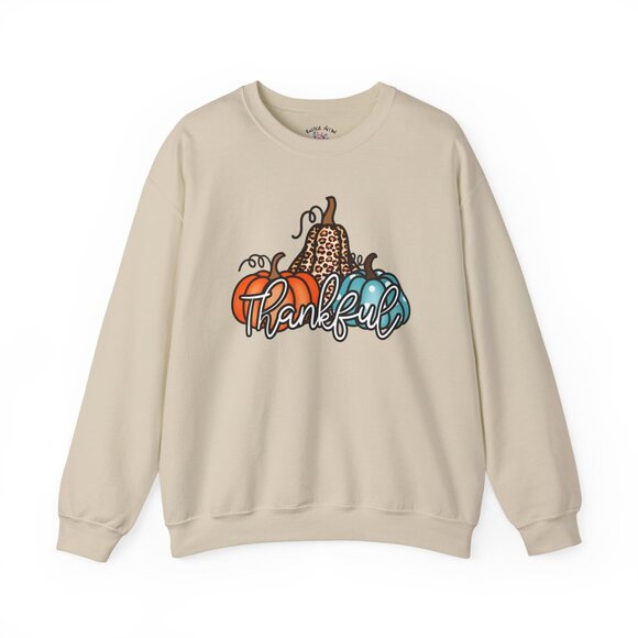 Cozy “Thankful” Fall Sweatshirt – Neutral Crewneck with Pumpkin & Leopard Print - Picture 2 of 3